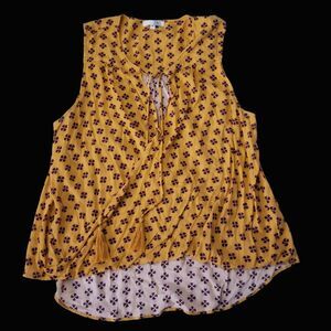 H&C Collection Sleeveless Blouse Mustard Tassels Hippie XL